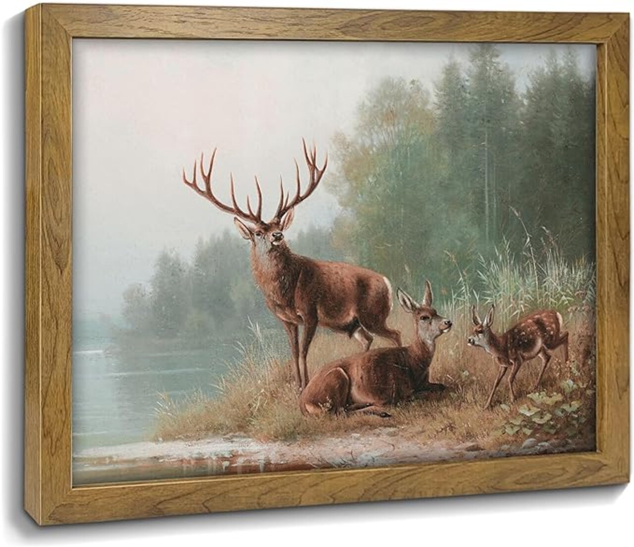 Yellow Animal Deer Wildlife Canvas Print Paintings - Christmas Gift, Ready to Hang for Home Decoration, Golden Elk Pictures Wall Art for Living Dining Room, Modern Framed